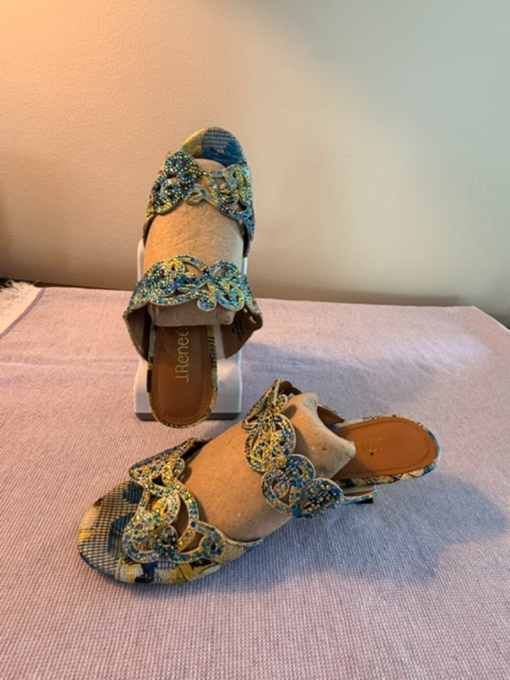 J.Renee Embellished Rhinestone Heels Sandals Blue Gold Size 8M